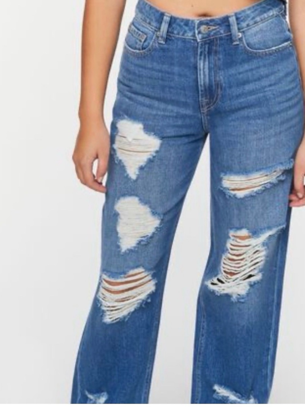 Forever 21 Premium High Rise Wide-Leg Jeans Blue Distressed 5-Pocket